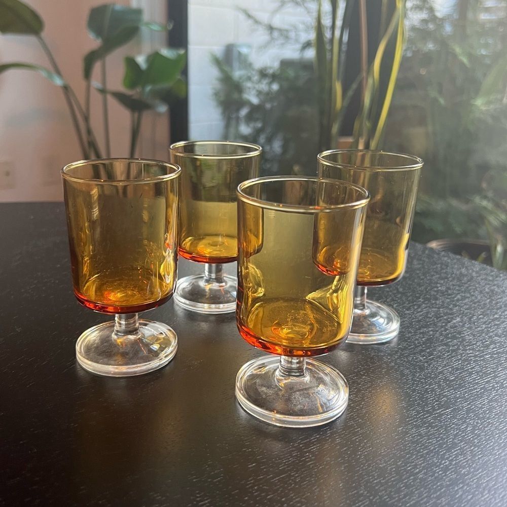 Vintage 70s French Luninarc 4 Inch Amber Wine Glasses with Clear Base
